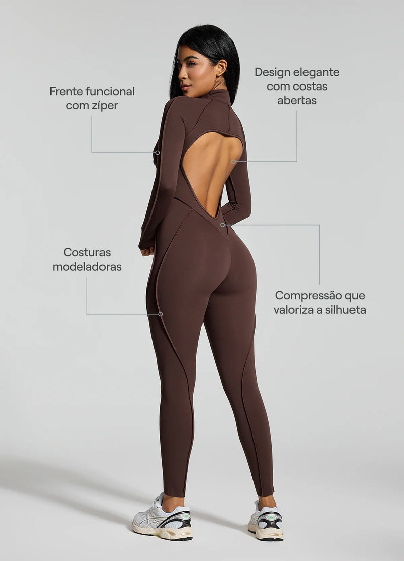 Macacao Manga Longa Costuras Retro Marrom Mocha