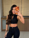 Top Ziper Costuras Retro Preto