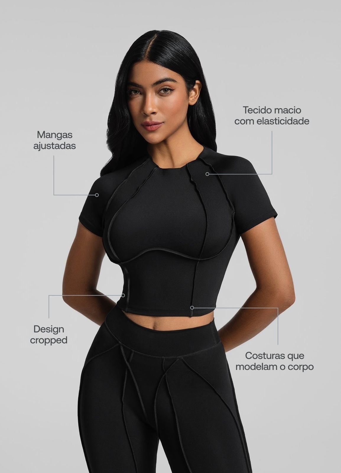 Conjunto costuras retrô Top Cropped Preto