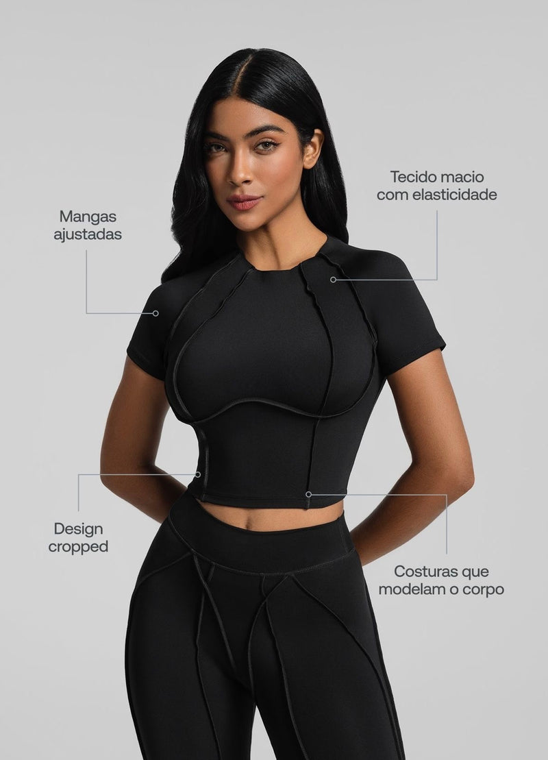 Conjunto costuras retrô Top Cropped Preto