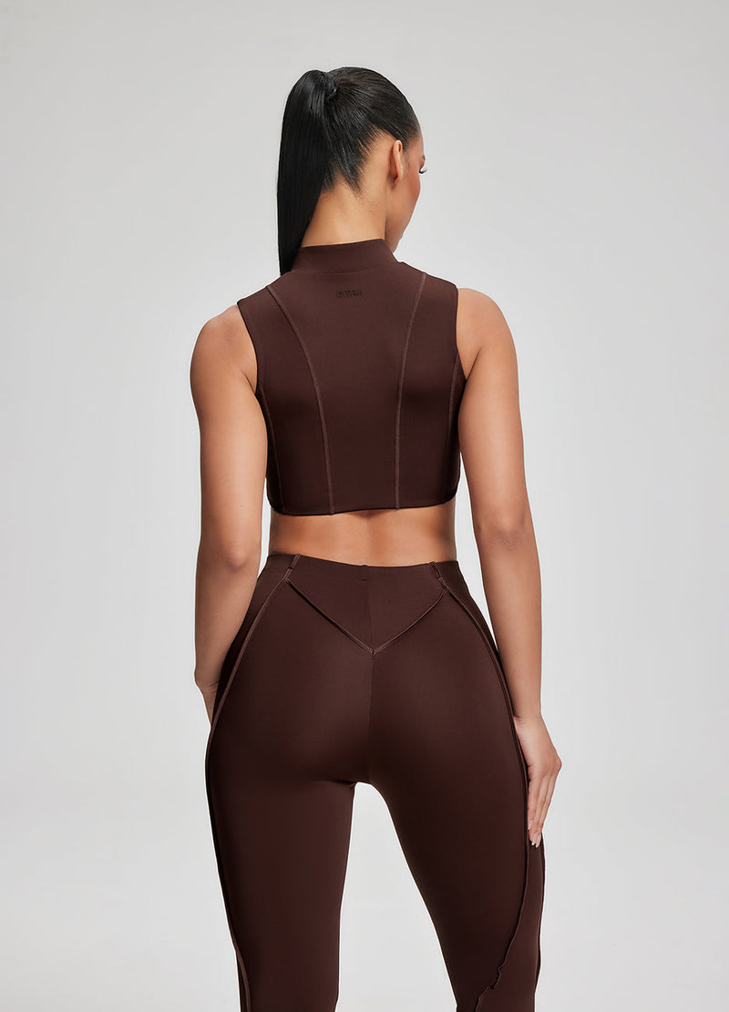 Top Ziper Costuras Retro Marrom