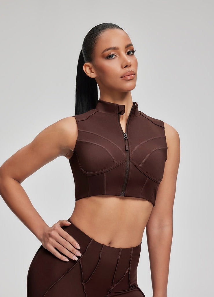 Top Ziper Costuras Retro Marrom