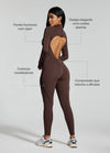 Macacao Manga Longa Costuras Retro Marrom Mocha