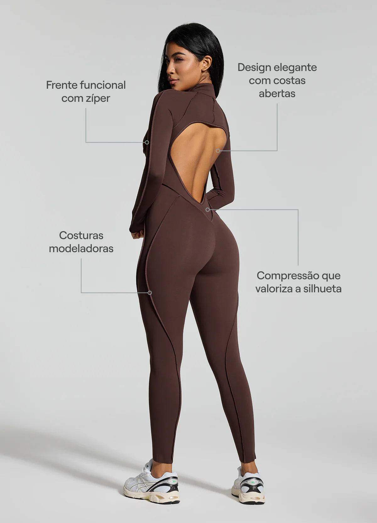 Macacao Manga Longa Costuras Retro Marrom Mocha